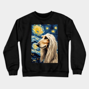 Afghan Hound Dog Breed Painting in a Van Gogh Starry Night Art Style Crewneck Sweatshirt